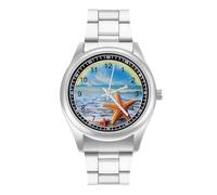 Rainbow Over The Sea Clouds and Beach Starfish Orologio casual da uomo con cinturino in acciaio inossidabile in lega di quarzo orologio da polso, Stile:, regular, Bracciale