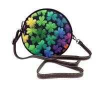 Rainbow Shamrock - Borsa a tracolla da donna, rotonda, in pelle vegana, con 4 quadrifogli e tracolla regolabile