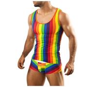 Rainbow, tuta da uomo, a righe, estiva, da jogging, da spiaggia, a maniche corte, canotta + pantaloncini, ad asciugatura rapida, per il tempo libero, multicolore, L