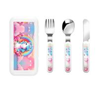Rainbow Unicorn - Set di 3 stoviglie per bambini, set di posate riutilizzabili, coltello, forchetta e cucchiaio, stoviglie portatili per la protezione degli alimenti per bambini