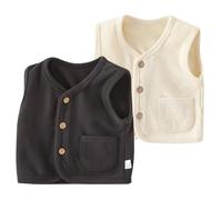 Rainjia 2 Pezzi Gilet Bambino in Cotone, Scollo a V Senza Maniche Tinta Unita Cardigan Bottoni con Tasche, Leggero Morbido e Caldo per Primavera e Autunno 6 Mesi-4 Anni