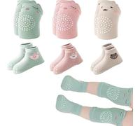 Rainjia 3 Set Ginocchiere e Calzini con Animaletti - Morbidi Anti-Scadimento per Neonati, Design Divertente e Sicuro (Verde, Rosa, Beige) 0-3 Anni
