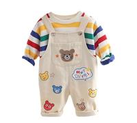 Rainjia Set salopette per neonata 1-6 anni, camicie e maglietta a maniche lunghe con strisce arcobaleno + jeans con motivo orsetto, taglia 74/80/86/92/98/104/110/116, beige., 92-98