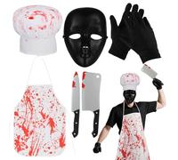 Rainmae 6 costumi da macellaio per Halloween, da uomo, serial killer, con grembiule, cappello, maschera, guanti, coltello da cucina, coltello da frutta, costume da macellaio, per Halloween, feste in