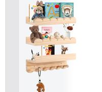 Rainmae Montessori - Libreria per bambini, 40 cm, set da 3 mensole per cameretta dei bambini, con ganci in legno, ideale per libri e giocattoli, 100% legno