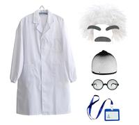 Rainmae Set di 8 costumi da scienziato per adulti, include parrucca riccia da uomo anziano, camice da laboratorio bianco, occhiali, baffi, sopracciglia, carta d'identità per travestire il nonno, feste