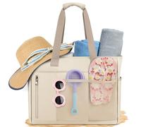 RAINSMORE Borsa Mare Donna Grande XXL Famiglia 40L Borsa Spiaggia Donna Alta Capacità Borse Mare con Cerniera Beach Bag con Tasche Multiple per Mare Viaggio Kaki