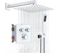 Rainsworth Set doccia da incasso con termostato 38℃ cromato, flusso d'acqua regolabile, set di rubinetteria da incasso con doccia a pioggia 30 * 30 cm, set doccia con doccetta, colonna doccia in