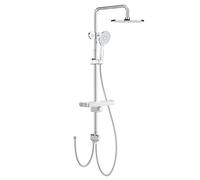 Rainsworth Sistema doccia senza rubinetto Cromo - Doccia a pioggia angolare 25 X 25 cm e soffione a 3 modalità di getto, con deviatore in ottone, set doccia a colonna per doccia con mensola