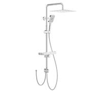 Rainsworth Sistema doccia senza rubinetto Cromo - Doccia a pioggia angolare 30 X 30 cm e soffione a 3 modalità di getto, con deviatore in ottone, set doccia a colonna per doccia con mensola