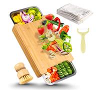 Rainsworth Tagliere da Cucina, Set Tagliere Legno, Tagliere da Cucina Professionale, Tagliere Rettangolare, Tagliere in Bambù Molto Resistente, Tagliere con 3 Vaschette Raccogligocce in Acciaio Inox