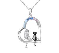 Rainway Collana con ciondolo a forma di gatto e ragazza, con cuore | con zirconi cubici - Regali per gli amanti dei gatti