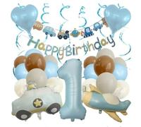Rainway Kit Decorazione Compleanno 1 Anno Ragazzo, Palloncini Alluminio Forma Auto E Aerei, Palloncini Lattice Blu Chiaro E Bianco, Ideale Per Decorazione Festa e Sfondo Foto Professionale