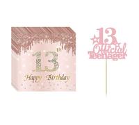 Rainway Set di 21 decorazioni di compleanno in oro rosa con topper "13 ufficiale" per torte (15 cm) e 20 tovaglioli, decorazione moderna per feste di compleanno, portafortuna e idea regalo