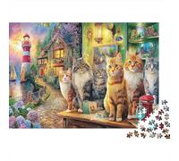 Rainy Lighthouse Cat 1000 Piece Jigsaw Puzzle, Cat Art Print, Fun Family Game, Gift for Cat Lovers