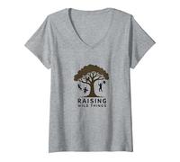Raising Wild Things: Sagoma di Albero Bambini Giocoso Maglietta con Collo a V, Donna, Grigio Melange, L