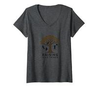 Raising Wild Things: Sagoma di Albero Bambini Giocoso Maglietta con Collo a V, Donna, Grigio Scuro, S