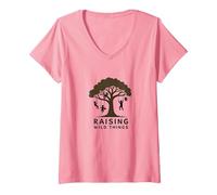 Raising Wild Things: Sagoma di Albero Bambini Giocoso Maglietta con Collo a V, Donna, Rosa, S