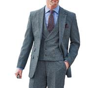 RAJEGAR 3 pezzi abiti da uomo in tweed a spina di pesce retrò slim abito da sposo smoking abiti da ballo anni '20 giacca da uomo gilet pantaloni, Blu, L