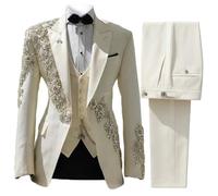 RAJEGAR 3 pezzi smoking uomo lusso strass Blazer set slim, Albicocca-a, L