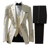RAJEGAR 3 pezzi smoking uomo lusso strass Blazer set slim, Albicocca-b, L