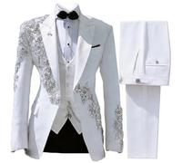 RAJEGAR 3 pezzi smoking uomo lusso strass Blazer set slim, bianco, L