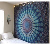 RAJRANG Arazzo Decorativo da Appendere a Parete per Soggiorno Camera da Letto Blu 228 x 274 cm Arazzi Mandala Con Piume di Pavone Plaid da Spiaggia in Cotone Indiano