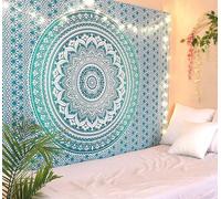 RAJRANG Arazzo Mandala Ombre - Verde Mare - 228X213 cm in Cotone Indiano da Appendere, Lenzuolo, Arazzo da Parete con Telo Mare Floreale Hippie