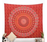 RAJRANG BRINGING RAJASTHAN TO YOU Arazzo indiano con mandala rosso dorato da appendere alla parete, 228 x 274 cm, pavone, hippy, hippie, spiaggia, copriletto, dormitorio, bohémien, lenzuolo