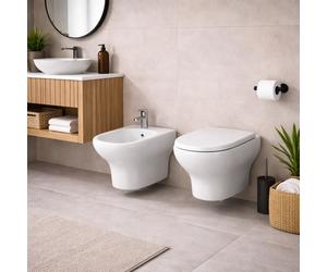 RAK Ceramics Coppia Sanitari Vaso WC e Bidet Sospesi Compact Rimless Colore Bianco con Sedile Incluso