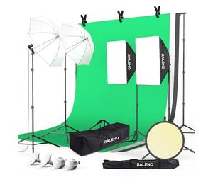 RALENO Set Fotografia, Kit di staffe per sfondo verde 2,6x3 m, Kit di Illuminazione per Studio Softbox con 50W Lampadine LED 5500 K, 97 CRI, Kit Fotografico in Studio
