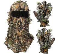 RALSPEC Passamontagna 3D mimetico + guanti Set di vera foglia di quercia Camo Ghillie Hood Mesh Maschera viso Airsoft Caccia Wildlife Fotografia