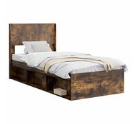 Rama de cama con almacenamiento y cabecero color Roble Ahumado, estructura de cama moderna de madera ingenieril con base de listones, soporte para colchón de 75x190 cm, espacio de máximo 140 kg