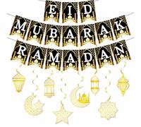 Ramadan Decorazioni, Eid Mubarak Palloncini, Palloncini Oro Nero Confetti, Eid Mubarak Striscione, Eid Ghirlanda luna stella con Eid Torta Topper, Ramadan Decorazioni per Umrah Mubarak, Regalo Bambino