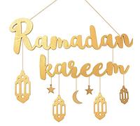 Ramadan Kareem Scritta Ornamenti in Legno Decorazione Hanging Eid Mubarak Lettere con Ciondolo da Appendere a Parete Ghirlanda Stella Luna Addobbi per Festa Musulmana Islam (Oro)