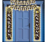 Ramadan Mubarak Decorazioni, LED Banner per Porta Ramadan, Striscione Eid Mubarak Banner con Scritta e 300cm LED Catena Leggera, Ramadan Mubarak Portico Striscione per Ramadan Porta Camera Decorazioni