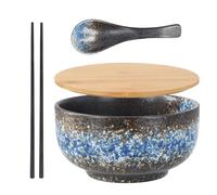 Ramen Bowl, ciotola in ceramica, 1500 ml, set di ciotole in ceramica, riutilizzabili vintage, in porcellana, grandi ciotole con cucchiaio e bacchette, per insalata (texture blu)
