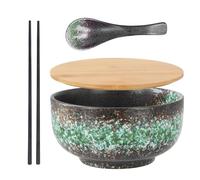 Ramen Bowl, ciotola in ceramica, 1500 ml, set di ciotole per ramen, riutilizzabili vintage, in ceramica, per insalata con cucchiaio e bacchette, per insalata (texture verde)
