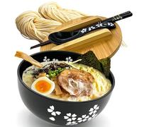 Ramen Bowl Set di ciotole in ceramica, ciotola istantanea con coperchio, bacchette da zuppa, stoviglie asiatiche Pho, ciotole per insalata, ciotole per cereali, noodle giapponesi, nero