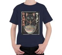 Ramen - Maglietta per bambini con gatto nero, pasta giapponese, anime, blu navy, 152