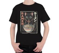 Ramen - Maglietta per bambini con gatto nero, pasta giapponese, anime, Nero , 140