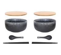 Ramen - Set di 2 ciotole in ceramica (8 pezzi) con cucchiaio, 1100 ml, grandi ciotole per zuppa, Pho e Sushi Bowl (stella nera, 2 pezzi)