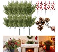 Rami artificiali di Natale steli di pino per vasi, 10 pezzi di rami di pino finto con 5 pezzi di pigne e 5 pezzi di bacche rosse per l'artigianato fai da te, decorazioni per la tavola di Natale