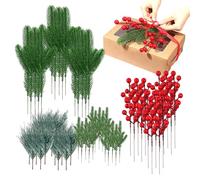 Rami di pino | 60 steli di pino pervinca con bacche rosse | realistica decorazione natalizia piante artificiali, per tavolo, camino, porta della cucina, per esterni, decorazione per le feste