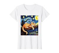 Ramo di Gatto Rosso da Sogno Che Dorme nella Notte Stellata di Van Gogh Maglietta con Stampa Grafica Economica, Donna, Bianco, S