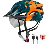 RaMokey Casco da Bicicletta con LED Luce per Uomo e Donna, Ultraleggero Casco Bici con Magnetica Visiera Ideale per Giovani e Adulto, Bici da Corsa per Corsa MTB Ciclismo 57-62cm (arancione + verde)