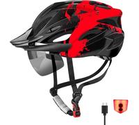 RaMokey Casco da bicicletta per adulti con luce, casco da bicicletta, per uomo e donna, con visiera magnetica rimovibile, con 18 canali di ventilazione, 57-62 cm (Red)