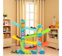 Rampa in legno per auto giocattolo per bambini piccoli, pista da corsa per auto con 6 mini auto, giocattoli Montessori per bambini piccoli, regalo perfetto per bambini e bambine, regalo per Ognissanti