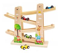 Rampe per Auto in Legno|Scivolo per Auto a Zig Zag|Pista da Corsa in Legno con 4 Macchinine Rampa Giocattolo Educativo per Regali per Bambini