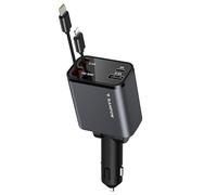 RAMPOW Caricabatterie Auto, 65W 4 in 1 Caricatore auto Retrattile, con Cavi USB C e cavo Lightning Retrattili, Carica Batteria per Auto per iPhone 16/15, Samsung S24/23, iPad - Bianco Argento